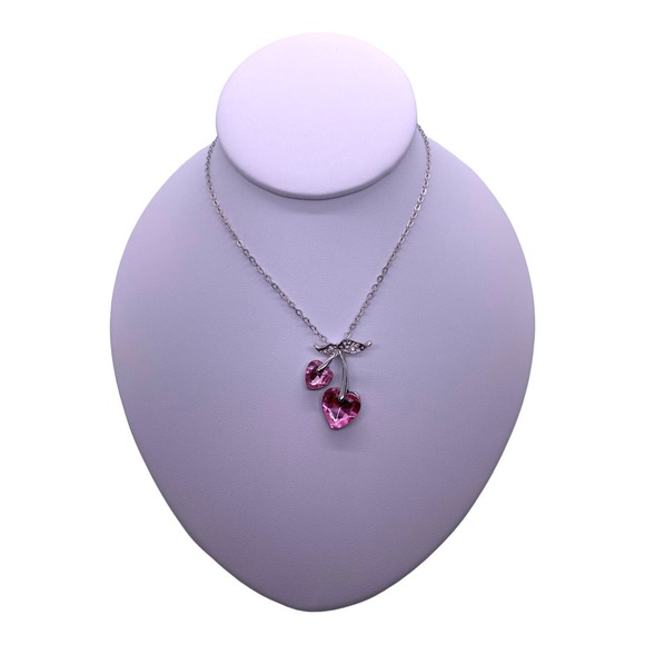 Imitation Pink Cubic Zirconia CZ Gemstone Cherry Cherries Heart Necklace - Picture 4 of 5